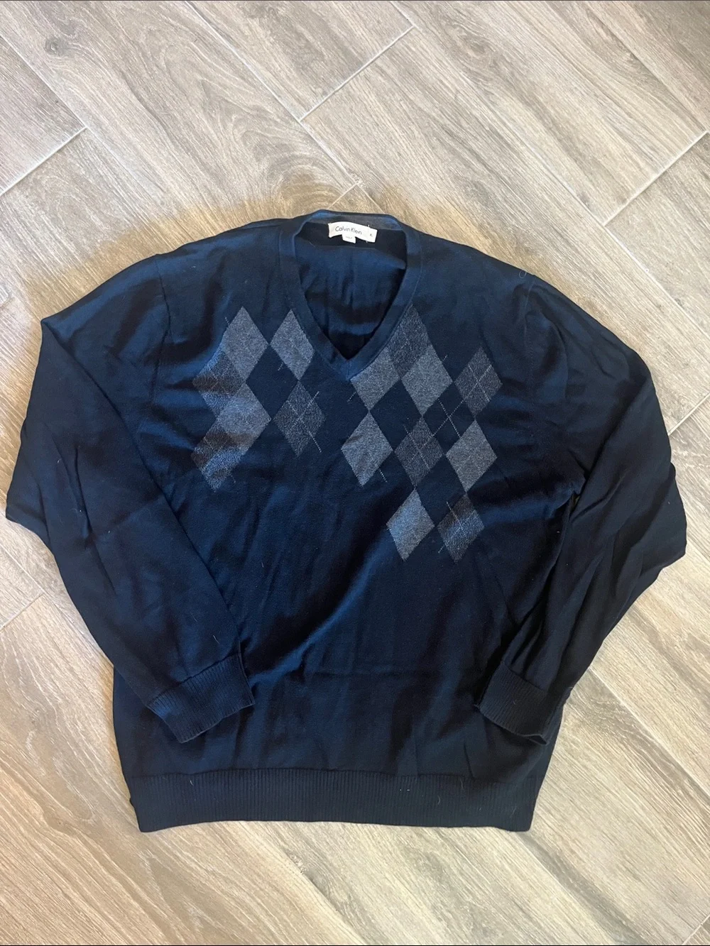 Calvin Klein Black V-Neck Argyle Pattern Sweater